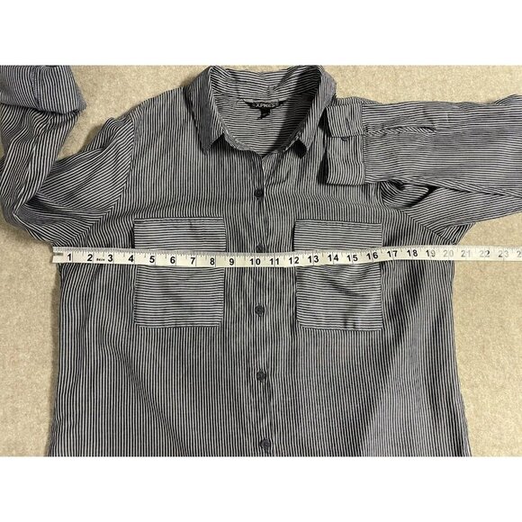 Express Womens Blouse Size Md Button Up Roll Tab Sleeve Grey/White Stripe - Picture 12 of 14